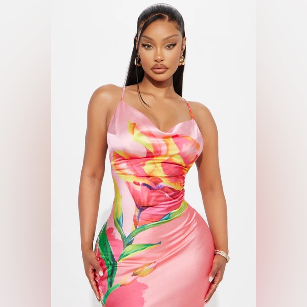 Fashion Nova Amora Floral Satin Maxi Dress - Coral/combo XS - Picture 3 of 3